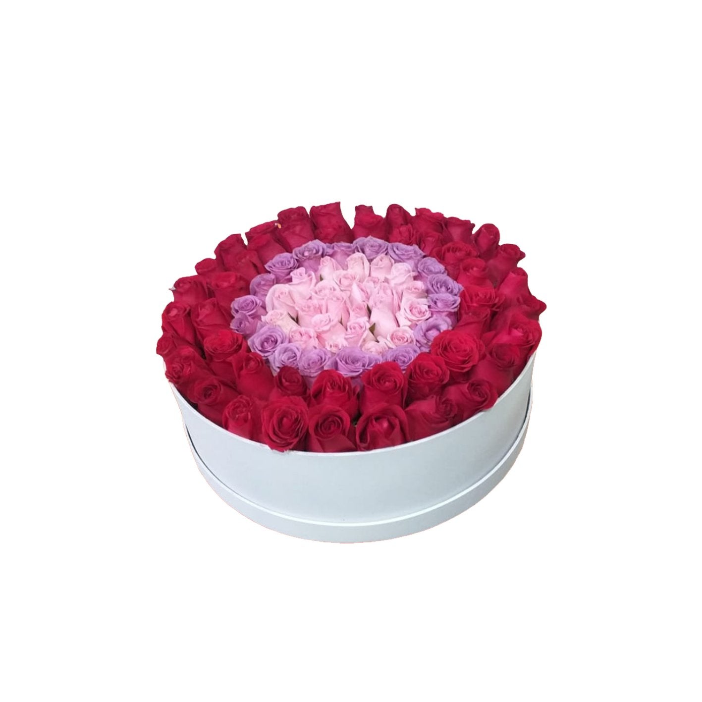 Caja circular blanca con Rosas rojas, rosas y blancas - Sweet Surprise Boutique