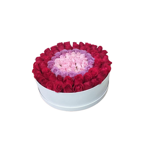 Caja circular blanca con Rosas rojas, rosas y blancas - Sweet Surprise Boutique