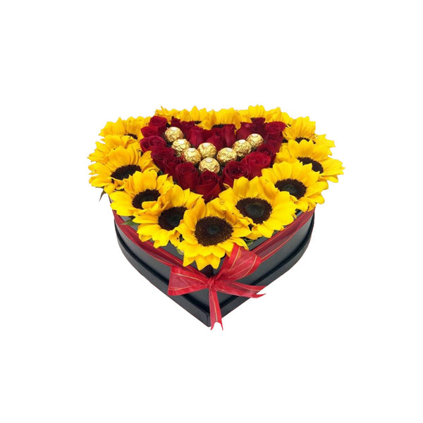 Caja en forma de corazón con girasoles, rosas y chocolates - Sweet Surprise Boutique